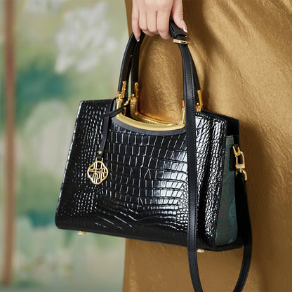 Black Crocodile Pattern Leather Handbag for Women, Large Capacity