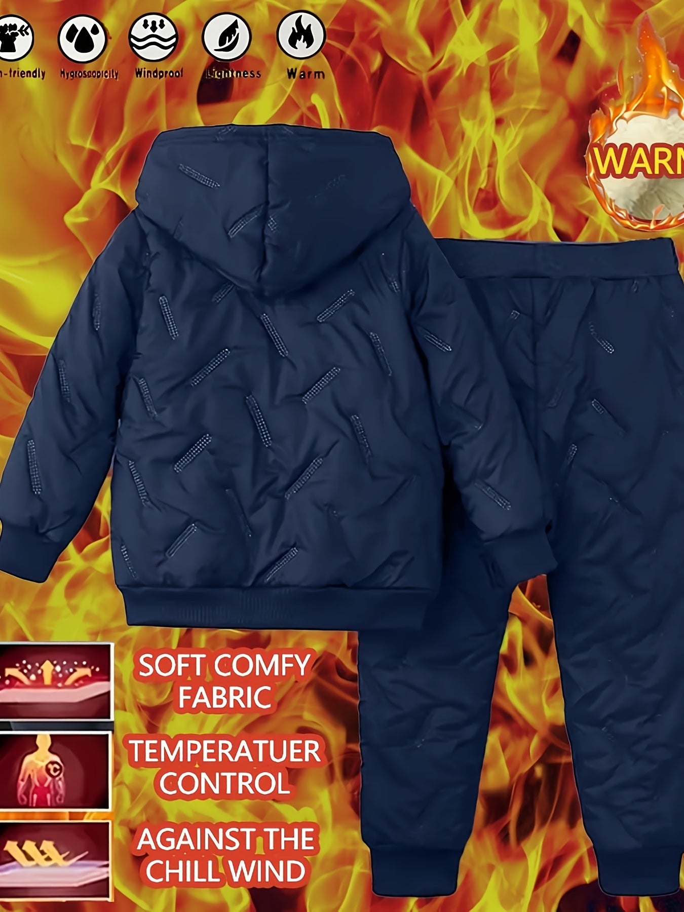 2pcs Set DREAMY DRESSES Boys' Winter Thermal Hooded Jacket & Pants Set - Full-Zip Outfit, Soft Flocked Inner, Warm Full-Body, 2pcs Snow Suit for Skiing, Outdoor Play & Cold Weather (Hand Washable,, Perfect for Outdoor