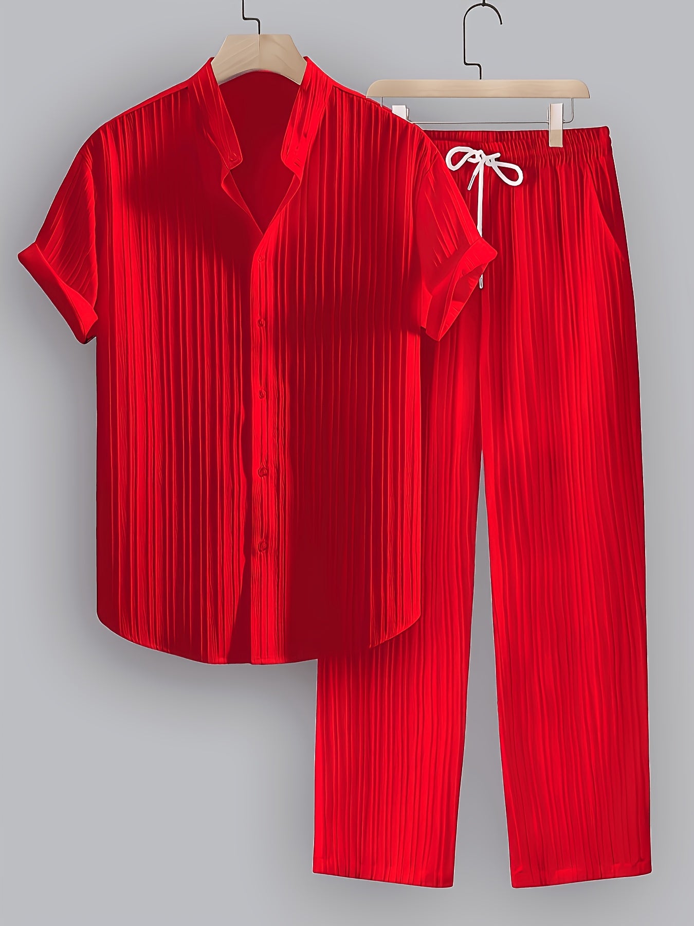Men's Summer Casual Polyester Set with Stand Collar Shirt & Pants