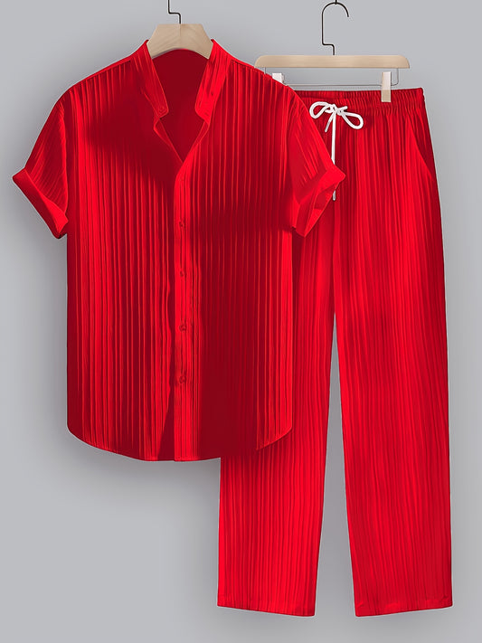 Men's Summer Casual Polyester Set with Stand Collar Shirt & Pants