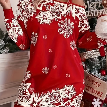 Women's Christmas Party Dress - One-Shoulder/Asymmetrical Neckline, Red and White Holiday Outfit, Slim Fit for Christmas Eve, New Year's Eve, Winter Events - Elegant Christmas Apparel, Christmas Dress, Holiday Wear, Off-Shoul