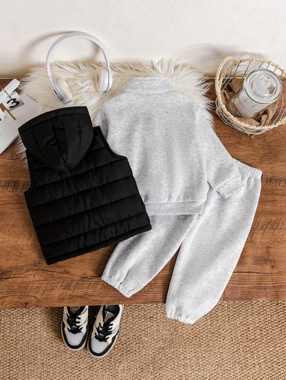 Boys' 3-Piece Fall/Winter Casual Set with Hooded Vest & Letter Print