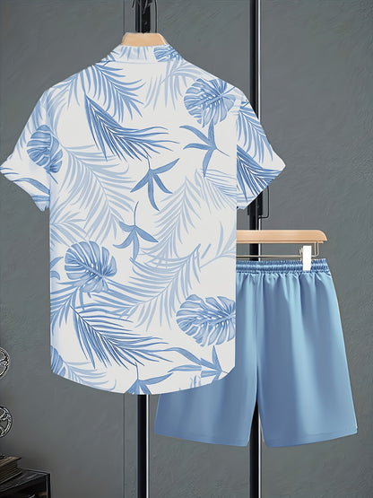 Men's Casual Summer 3D Print Lapel Shirt and Drawstring Shorts Set