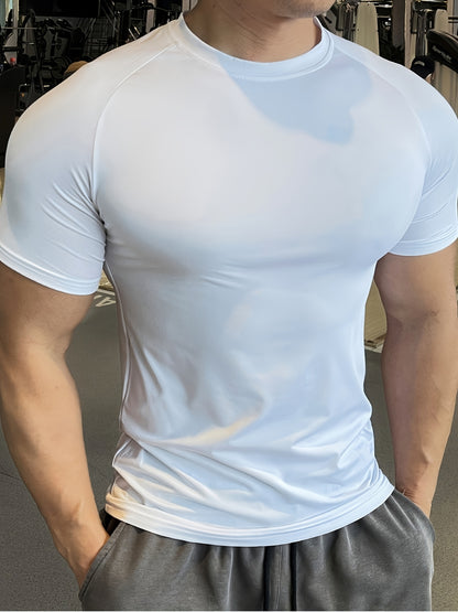 Men'S Slim-Fit Quick-Dry Athletic T-Shirt - Breathable, Stretchy, Solid Color Crew Neck Tee for Gym, Casual Summer Wear, Gym Apparel   Trendy Men'S Tee   Quickdry Materia