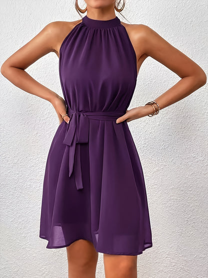 Women’s Solid Color Chiffon Halter Neck Summer Dress with Belt