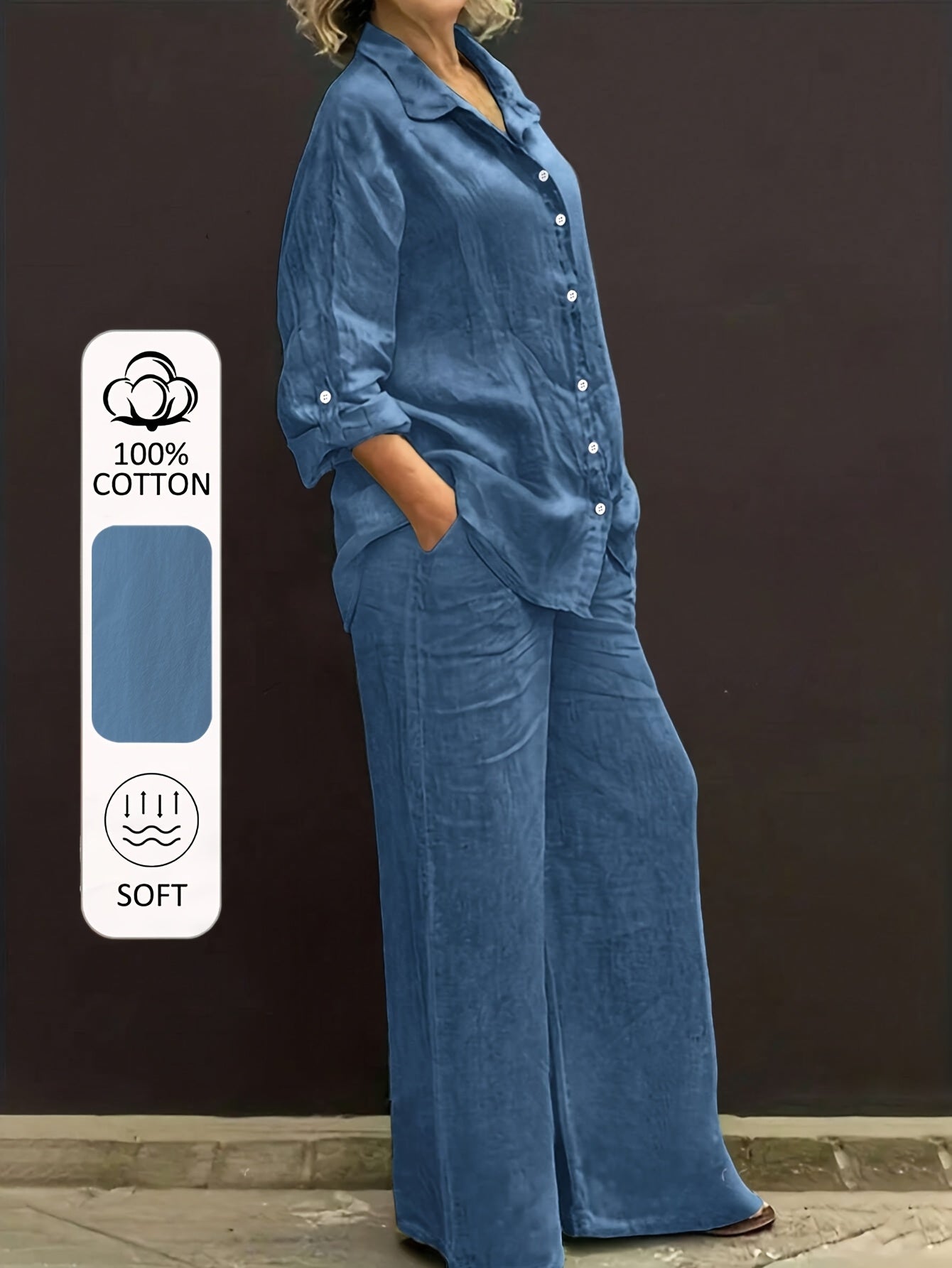 Women’s Casual Cotton Long-Sleeve Top & Wide-Leg Trousers Set