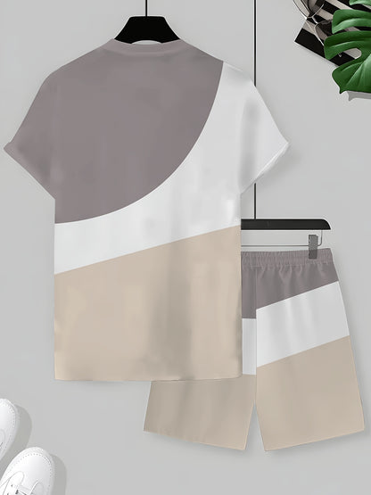 1 Set of 2pcs 3D Letter Print Fashion Tri-Color Men's Summer Fresh T-Shirt and Shorts Set, Slightly Stretchy Polyester Knit Fabric, Regular Fit, Suitable for Outdoor Activities and Family Gatherings