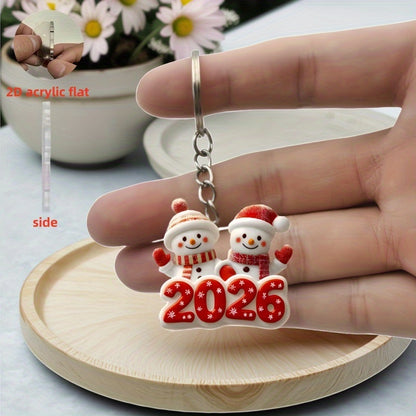 2DFLAT Cute Snowman Friend Keychain - 2026 New Year Gift with Classic Red & White Snowman, Snowflake "51.46meter Cartoon Design, Durable Iron Alloy, Perfect For Car Rearview Mirror, Christmas Tree Decorations, Thanksgiving Pr