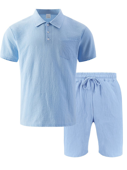 Men's Casual Linen Polo Shirt & Loose Shorts Set for Summer