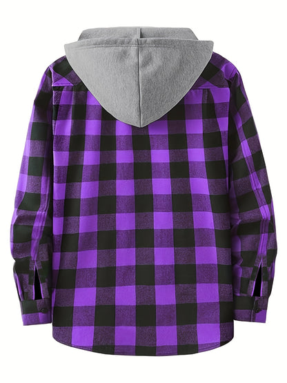 Plaid Shirt Coat For Men Long Sleeve Casual Regular Fit Button Up Hooded Shirts Jacket