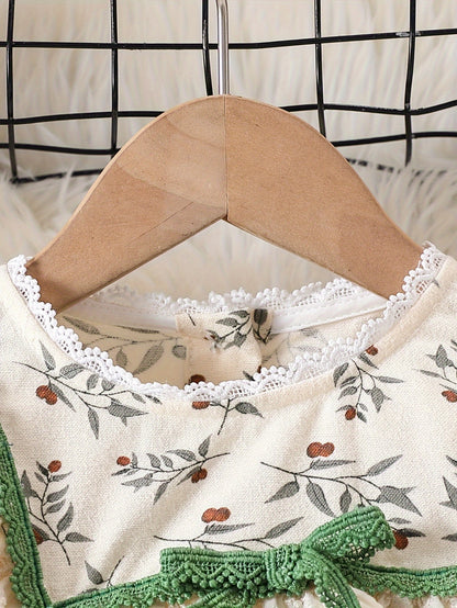 Girls' Retro Floral Cotton Dress with Bow Collar for Spring Fall