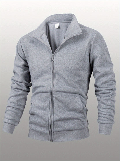 Men's Stand Collar Zip-Up Solid Color Fleece Jacket Long Sleeve Casual Sport Hoodless Coat with Large Side Pockets, Suitable for Daily Wear, Outdoor Activities, Hiking