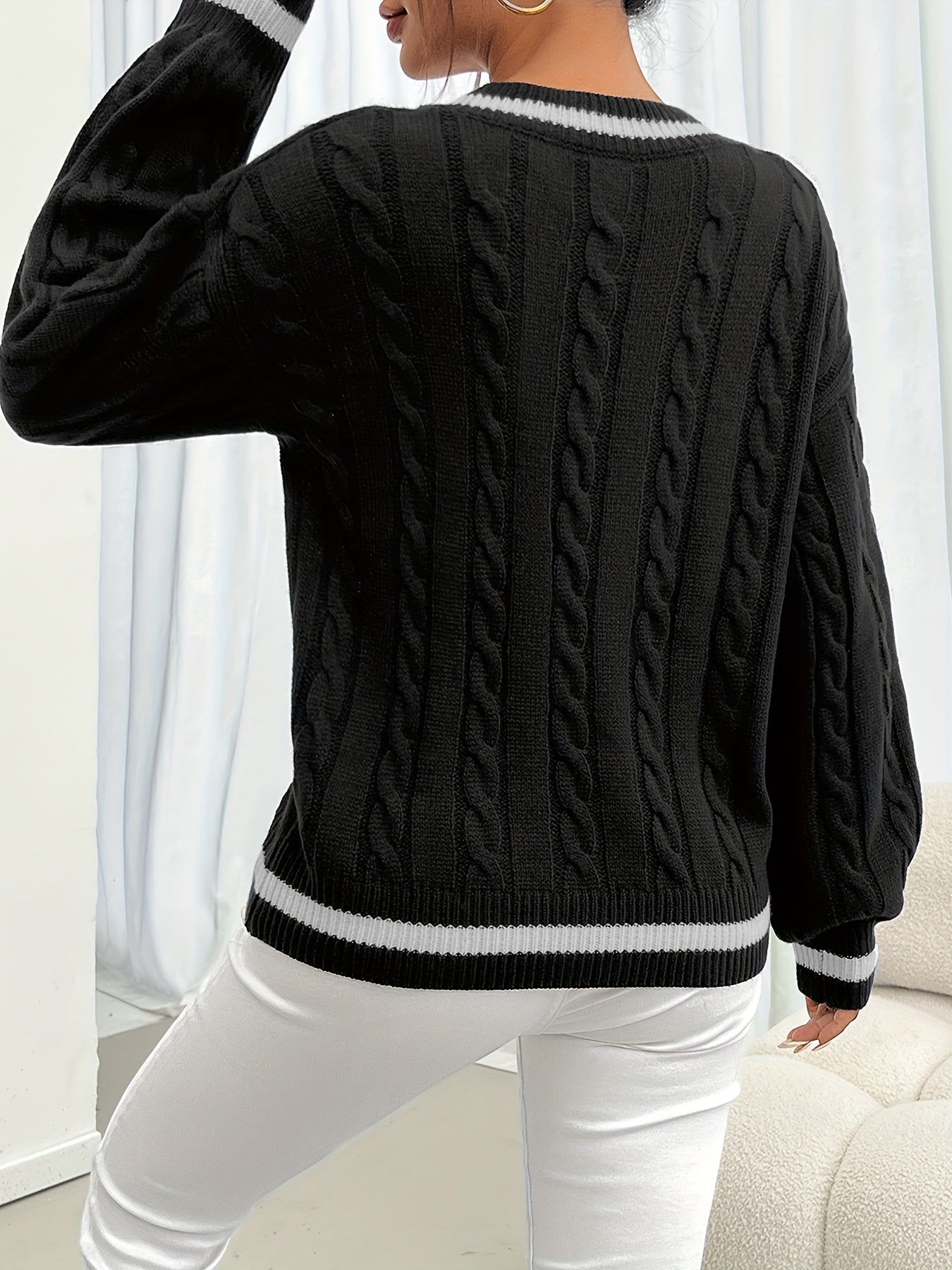 Elegant Women’s V-Neck Cable Knit Drop Shoulder Sweater