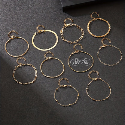 10pcs Elegant Golden Women's Stackable Chain Bracelets