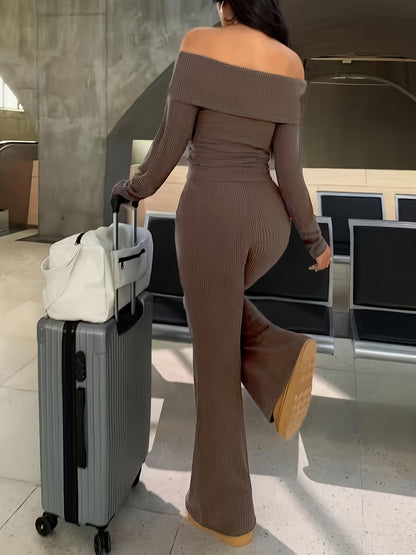 Autumn And Winter Solid Color Two-Piece Set, Sexy Off-The-Shoulder Top + Wide-Leg Flared Pants Suit, Elastic And Soft Ribbed Fabric, Machine Washable