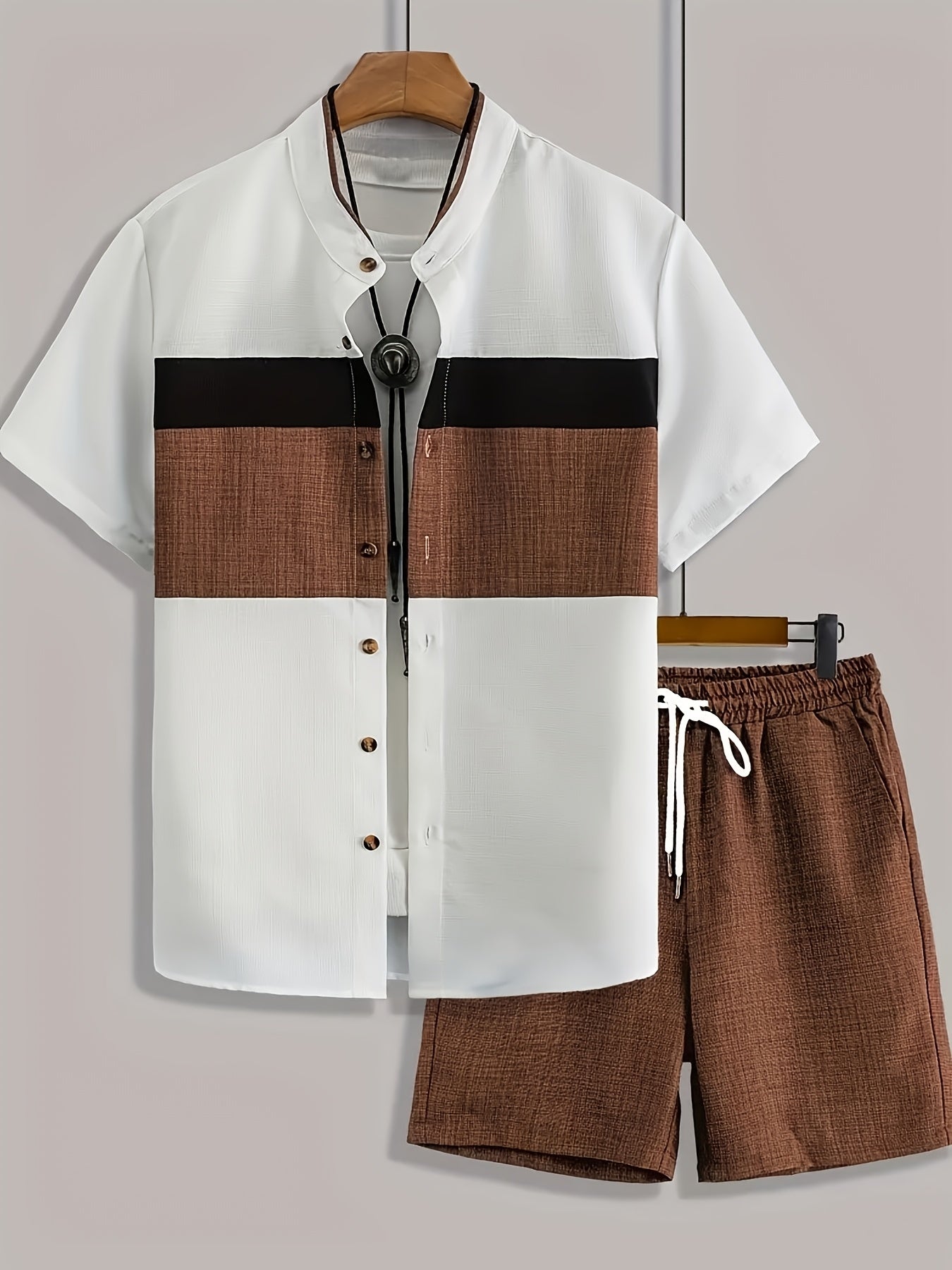 Men's Casual Summer Set: Stand Collar Shirt & Drawstring Shorts