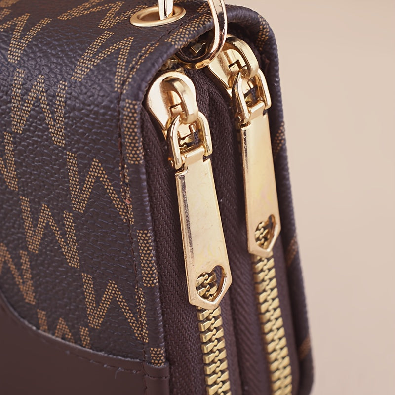 Women'S Elegant Patchwork Wallet & Wristlet Clutch - Large Capacity Double-Zip Coin Purse with Golden-Tone M-Logo, Golden-Tone Hardware & Wrist Strap