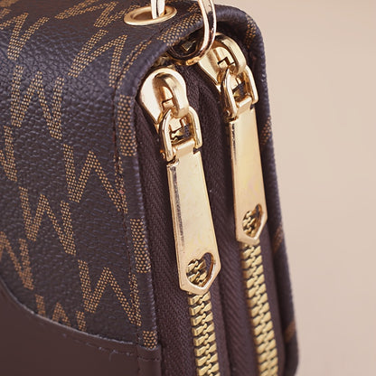 Women'S Elegant Patchwork Wallet & Wristlet Clutch - Large Capacity Double-Zip Coin Purse with Golden-Tone M-Logo, Golden-Tone Hardware & Wrist Strap