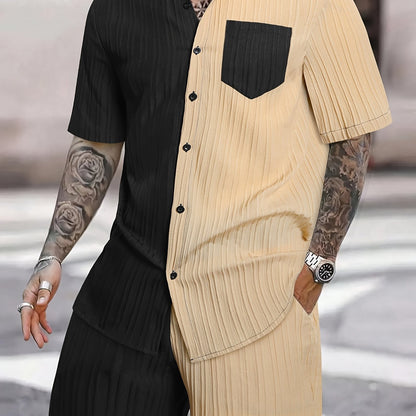 Men'S Casual Summer Polyester Shirt and Shorts Set, Regular Fit, Color Block, Lapel Collar, Slight Stretch Fabric, Lash Sets, Active Wear