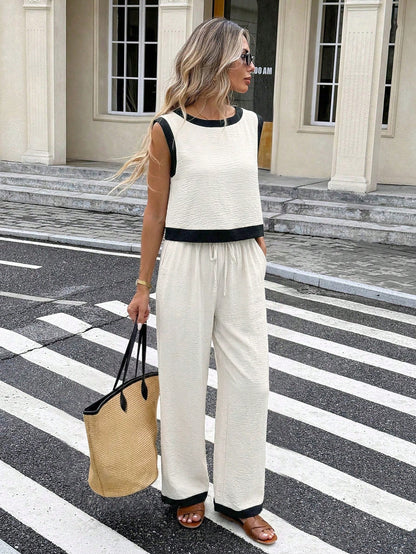 Women's Sleeveless Color-Block Tank Top & Wide-Leg Pants Set