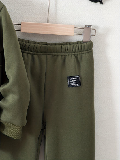 Boys' Cozy Fleece-Lined Hoodie & Sweatpants Set - Olive Green Casual Winter Outfit with Pockets, Thick Warmth for Fall & Winter, Regular Fit, Casual Attire, for Outdoor
