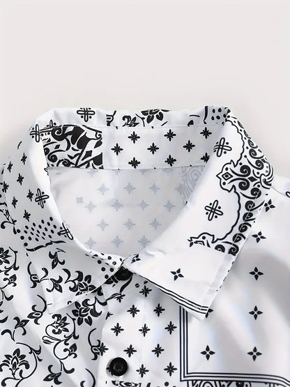 Men's Casual Suit Set with Short Sleeve Shirt and Printed Shorts
