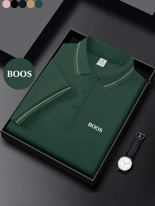 BOOS letter print, 1 premium Men's shirt, polyester fabric, regular fit, turn- collar top, summer short sleeve T-shirt, birthday gift, inner or outer wear, outdoor casual, sportswear, business casual, stylish and breathable, - ayq