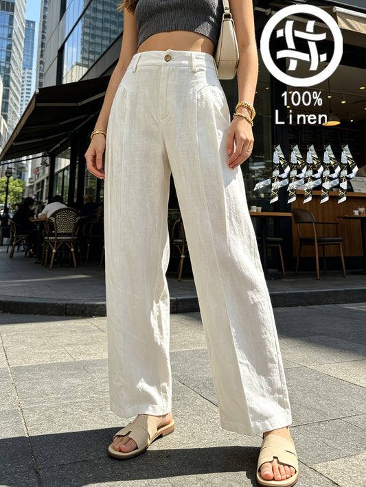Elegant 100% Linen Long Straight Pants with Pockets for Spring