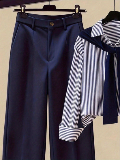 Gavin 2pcs/Set Women'S Striped Shirt with Shawl Collar And High-Waisted Wide Leg Pants, Spring/Autumn - ayq