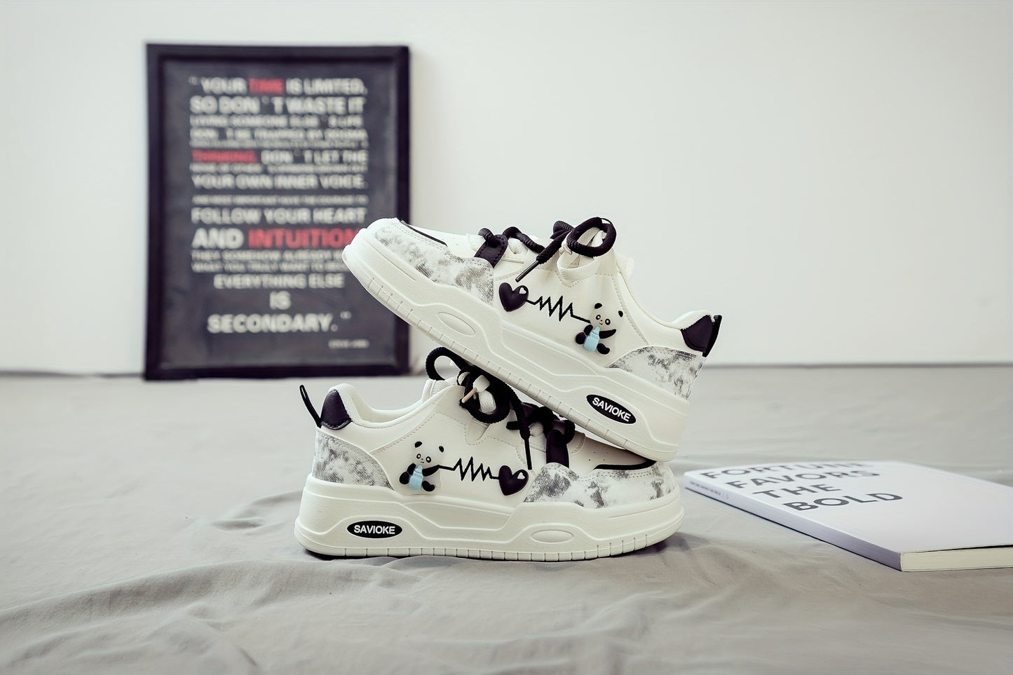 Women's White Mid-Top Sneakers with Bear  Heart Stripes Design - PU Cover  Upper, Thick Cushioned PVC Sole - Trendy Casual Shoes for All-Season Comfort