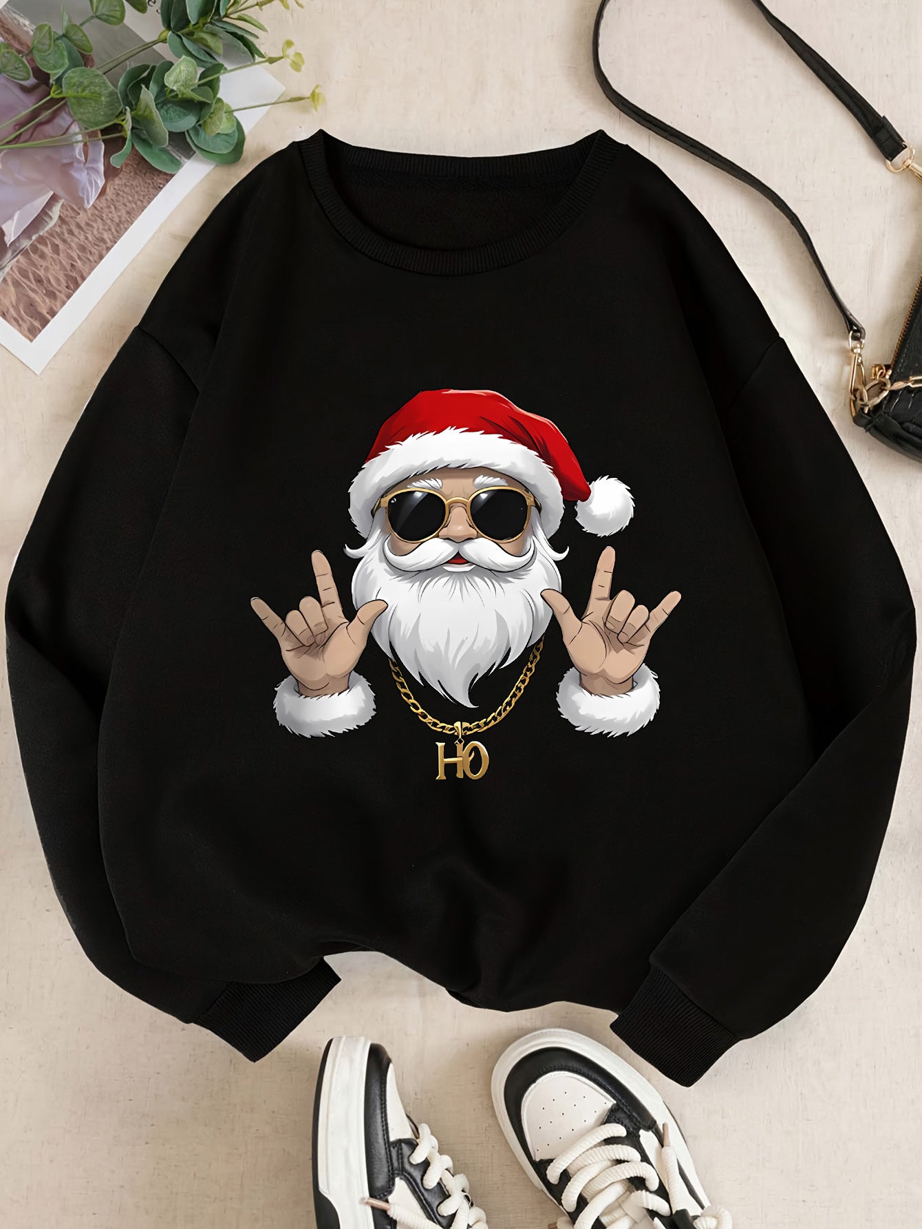 Women's Elegant Christmas Santa Claus Graphic Print Fleece-Lined Sweatshirt - Long Sleeve Round Neck Pullover with Golden Accents, Machine Washable Holiday Party Casual Top, Christmas Sweatshirt, Festive Clothing, Hiphop Styl