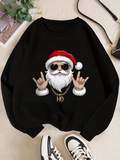 Women's Elegant Christmas Santa Claus Graphic Print Fleece-Lined Sweatshirt - Long Sleeve Round Neck Pullover with Golden Accents, Machine Washable Holiday Party Casual Top, Christmas Sweatshirt, Festive Clothing, Hiphop Styl