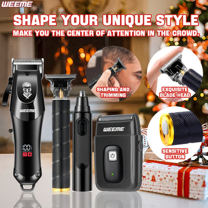 WEEME 4pcs Professional Hair Clipper Set for Men, Cordless Barber Clippers and Trimmer Kit, Electric Beard Trimmer and Nose Trimmer, Foil Shaver Men's Grooming Tool Kit, Christmas Gifts for Him (Black) - ayq