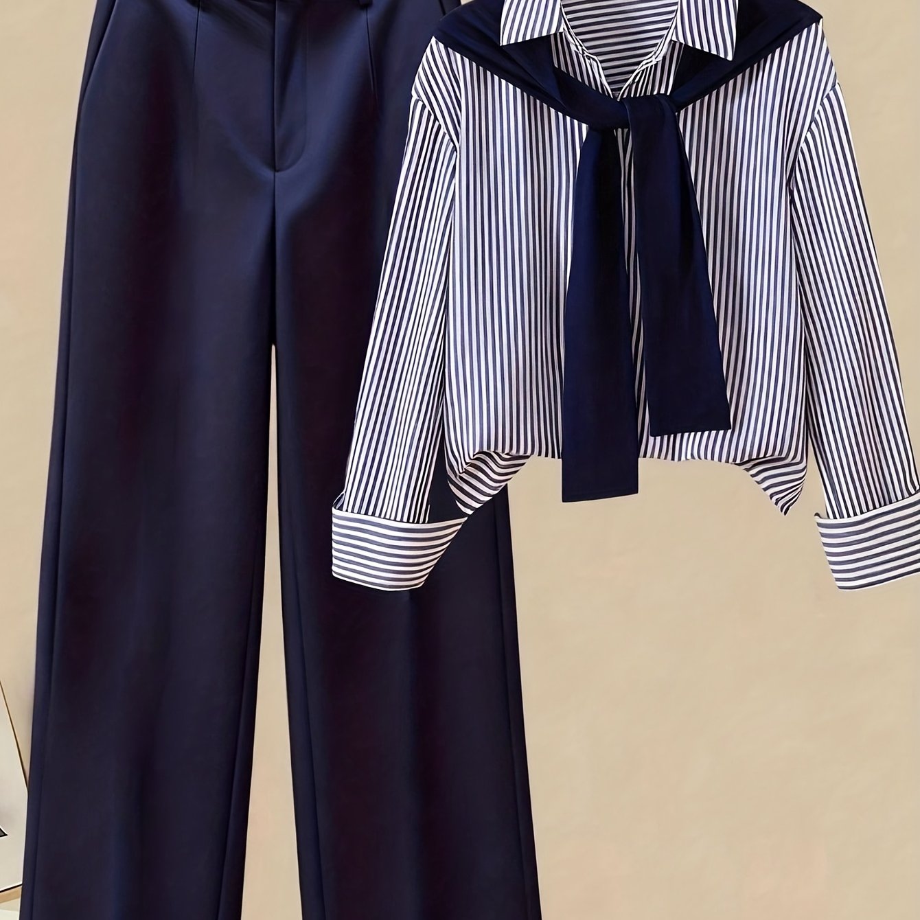 Gavin 2pcs/Set Women'S Striped Shirt with Shawl Collar And High-Waisted Wide Leg Pants, Spring/Autumn - ayq