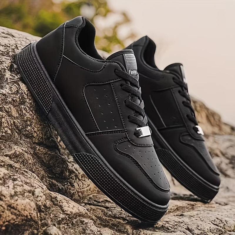 Men'S Breathable Skateboarding Shoes | Low-Top Casual sneakers, Black and White, PU Upper, Lace-up Closure, Suitable for All Seasons - ayq