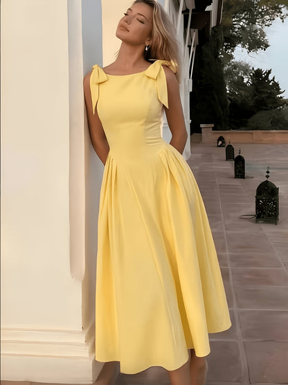 Elegant Women's Retro Fit and Flare Midi Dress with Bow Straps