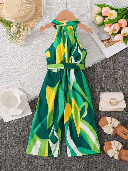 Girls Sleeveless Geometric Jumpsuit with Belt - Elegant Summer Wear