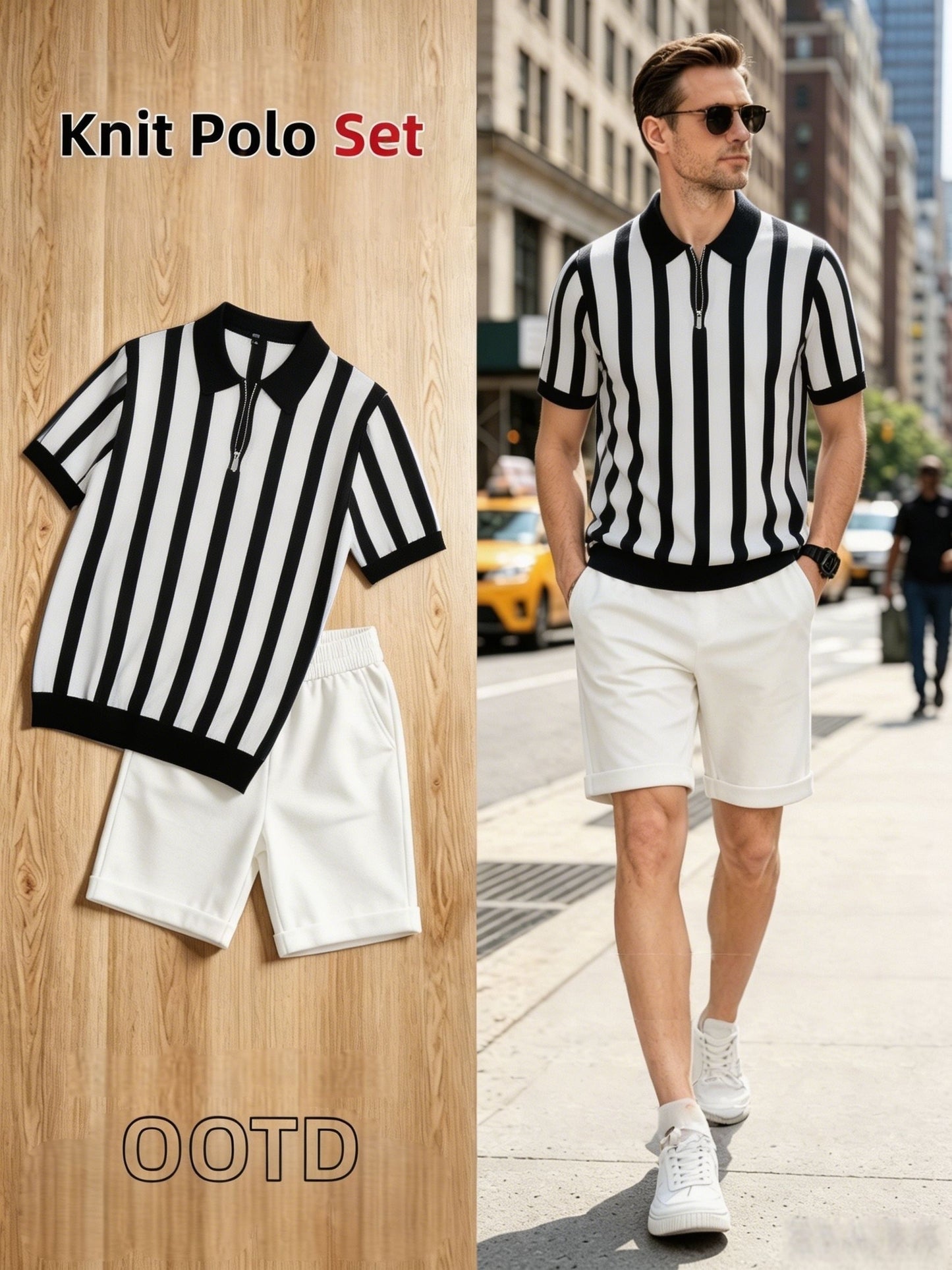 Men's Striped Half-Zip Knit Polo & Elastic Waist Shorts Set