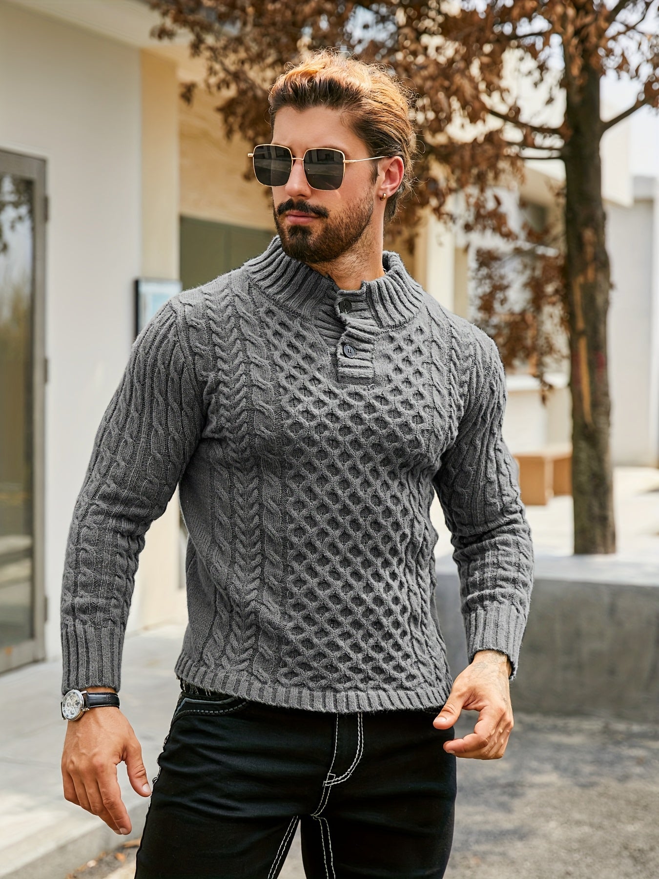 Men's Thermal Stand Collar Cable Knit Sweater - Striped H-Shape Regular Fit Pullover, Machine Washable Winter Sweater with Ribbed Detailing for Autumn & Winter, Knit Sweater, Medium Elasticity Fabric
