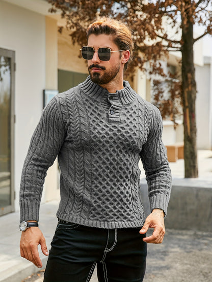 Men's Thermal Stand Collar Cable Knit Sweater - Striped H-Shape Regular Fit Pullover, Machine Washable Winter Sweater with Ribbed Detailing for Autumn & Winter, Knit Sweater, Medium Elasticity Fabric