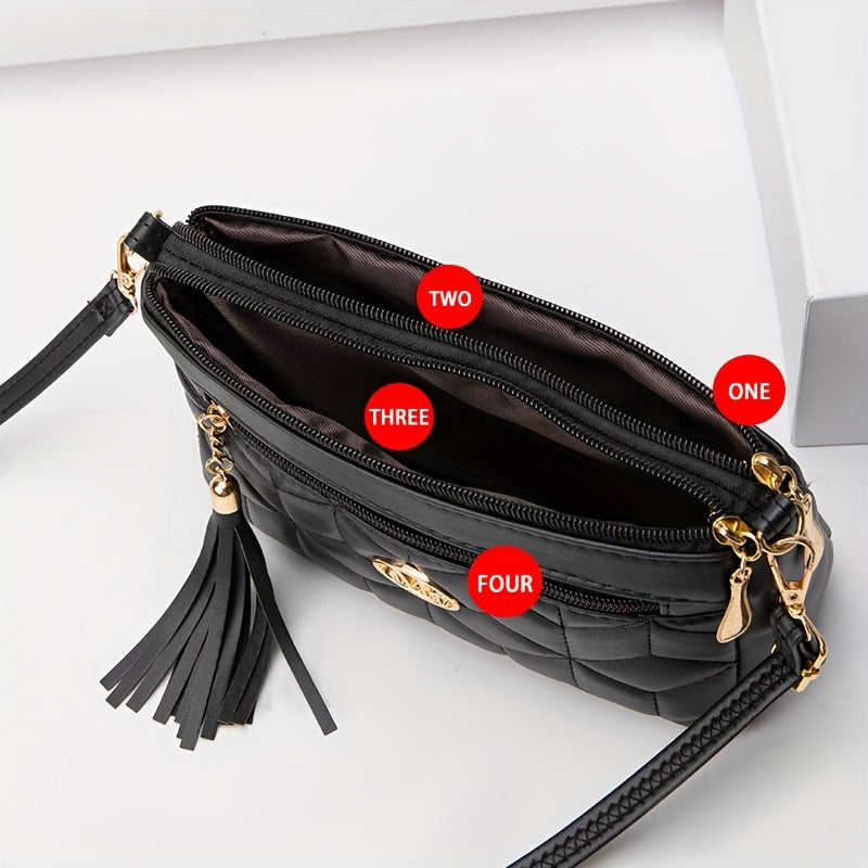 Quilted Women'S Crossbody Bag with Large Capacity, Casual Shoulder Bag Featuring Tassel Decorations, Multiple Zip Openings, And Adjustable Shoulder Strap