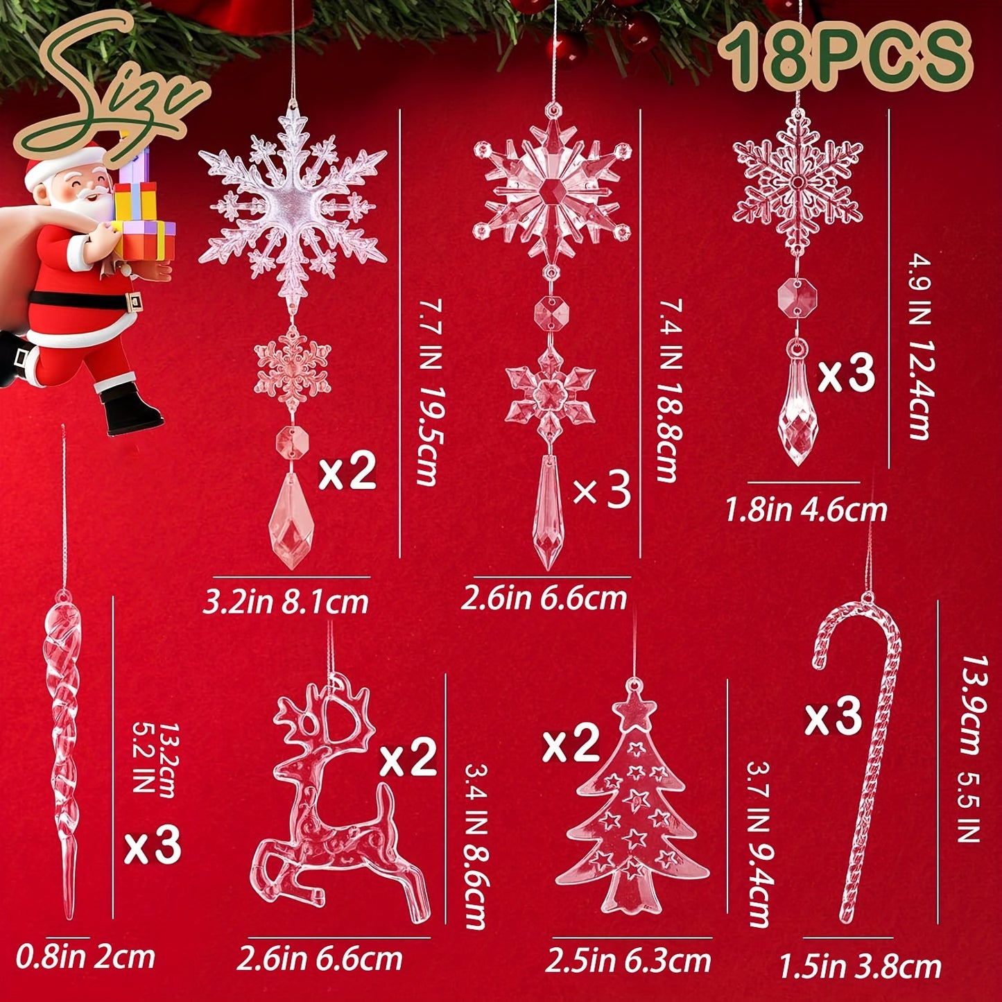 18pcs Festive PVC Acrylic Crystal Christmas Ornaments Set - Snowflakes, Reindeer, Icicles Hanging Decorations for Xmas Tree, Holiday Window, New Year Party Decor, DIY Handmade Materials