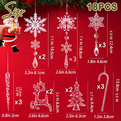 18pcs Festive PVC Acrylic Crystal Christmas Ornaments Set - Snowflakes, Reindeer, Icicles Hanging Decorations for Xmas Tree, Holiday Window, New Year Party Decor, DIY Handmade Materials