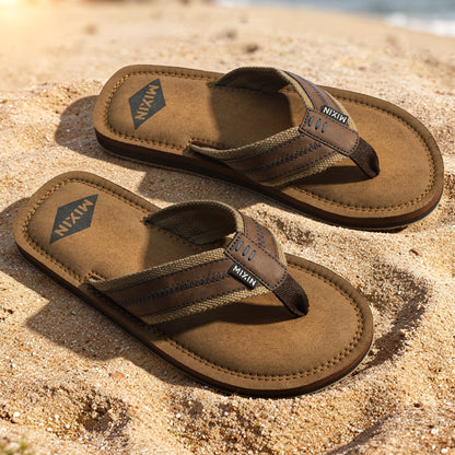 Men's Casual Flip-Flops with Woven PU Strap and EVA Sole