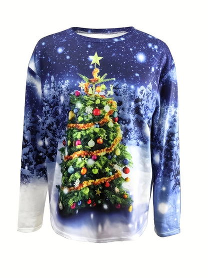 Christmas Tree Print Sweatshirt, Casual Long Sleeve Crew Neck Sweatshirt, Women's Clothing