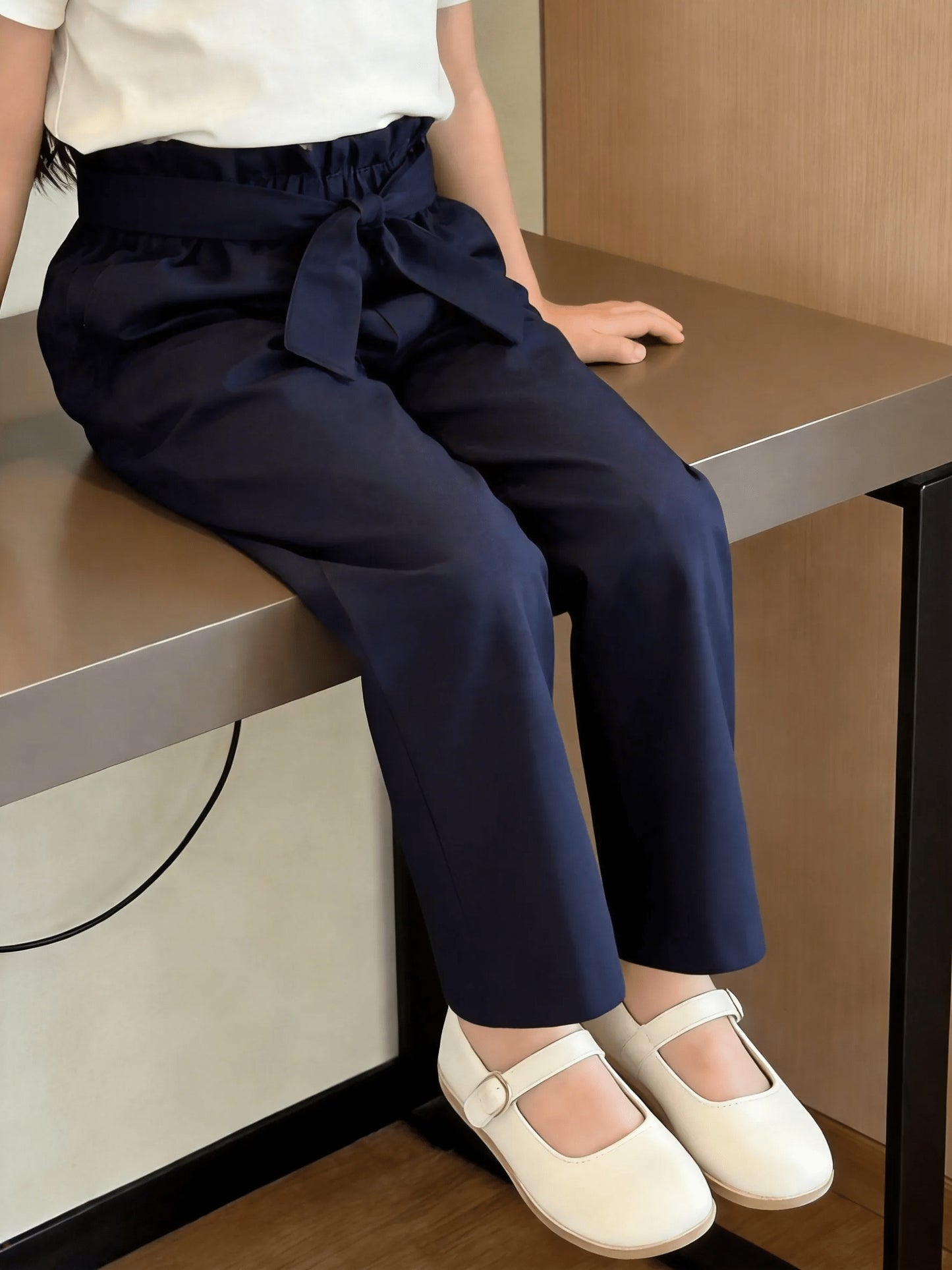 Girls' Casual Straight Leg Belted Pants in Solid Color