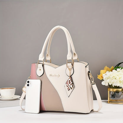 Wo 's Casual Geometric Two-Tone Large Capacity   Handbag with Adjustable   Strap, Detachable Wristlet & Zipper Closure - in Khaki/White/Pink/Red/Green/Black, Travel Accessory, Stylish Accessory, Durable Construction, Spacious