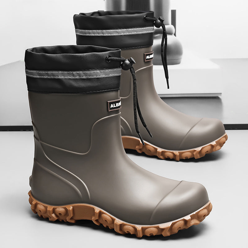 Men's Waterproof PU Rain Boots with Fleece Lining, Mid-Calf