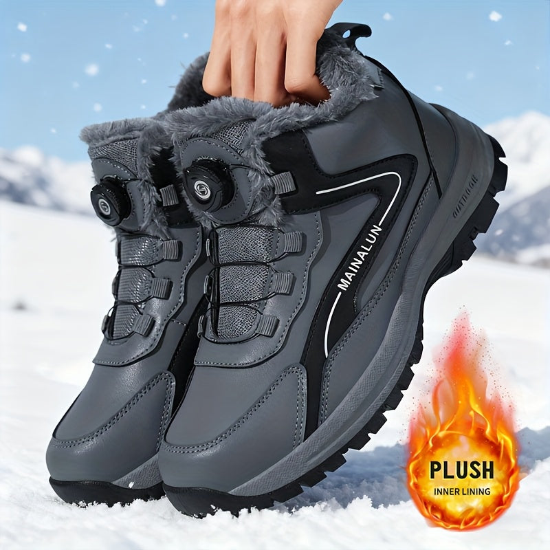 MAINALUN Men's Heavy-Duty Winter Snow Boots with Rotating Buckle Closure, PU Upper & PVC Sole - Thick Plush Lining, Warm Short Ankle Boots for Ice, Snow, Slush, Work, Outdoor (Adjustable Strap, Fit)