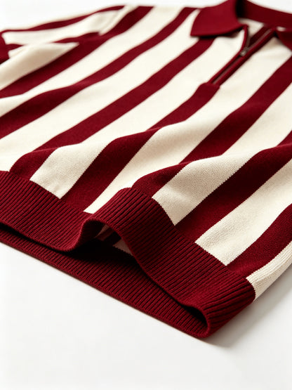 Men's Slim Fit Vertical Stripe Knit Polo with Half-Zip Collar